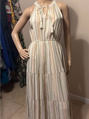 LC Lauren Conrad Boho Tiered Maxi Dress in Cream and Pastel Stripes